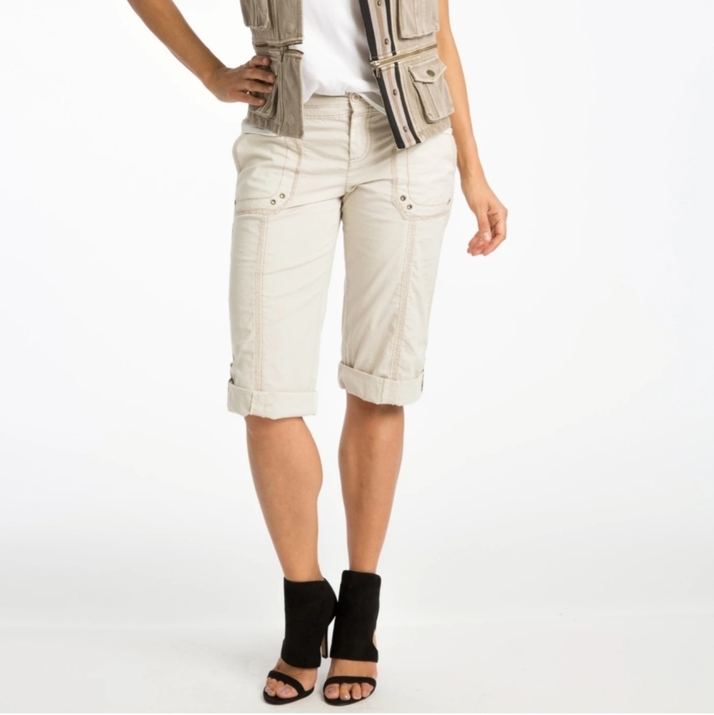 Marrakech Pants Capri Stretch Poplin Cargo Convertible Lightweight Ecru 30 NWT